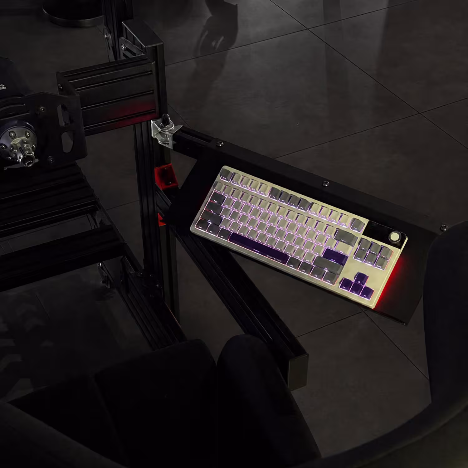 SimXPro adjustable keyboard tray pulled towards the sim racing seat
